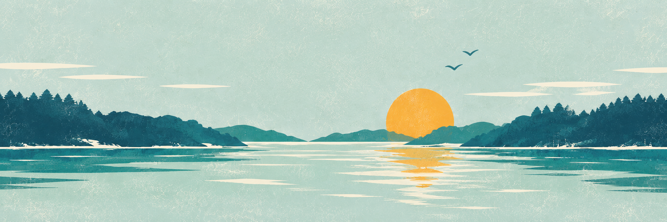 Illustrated coastal sunset with teal shores, calm water, and a golden sun, matching Hudson’s avatar
